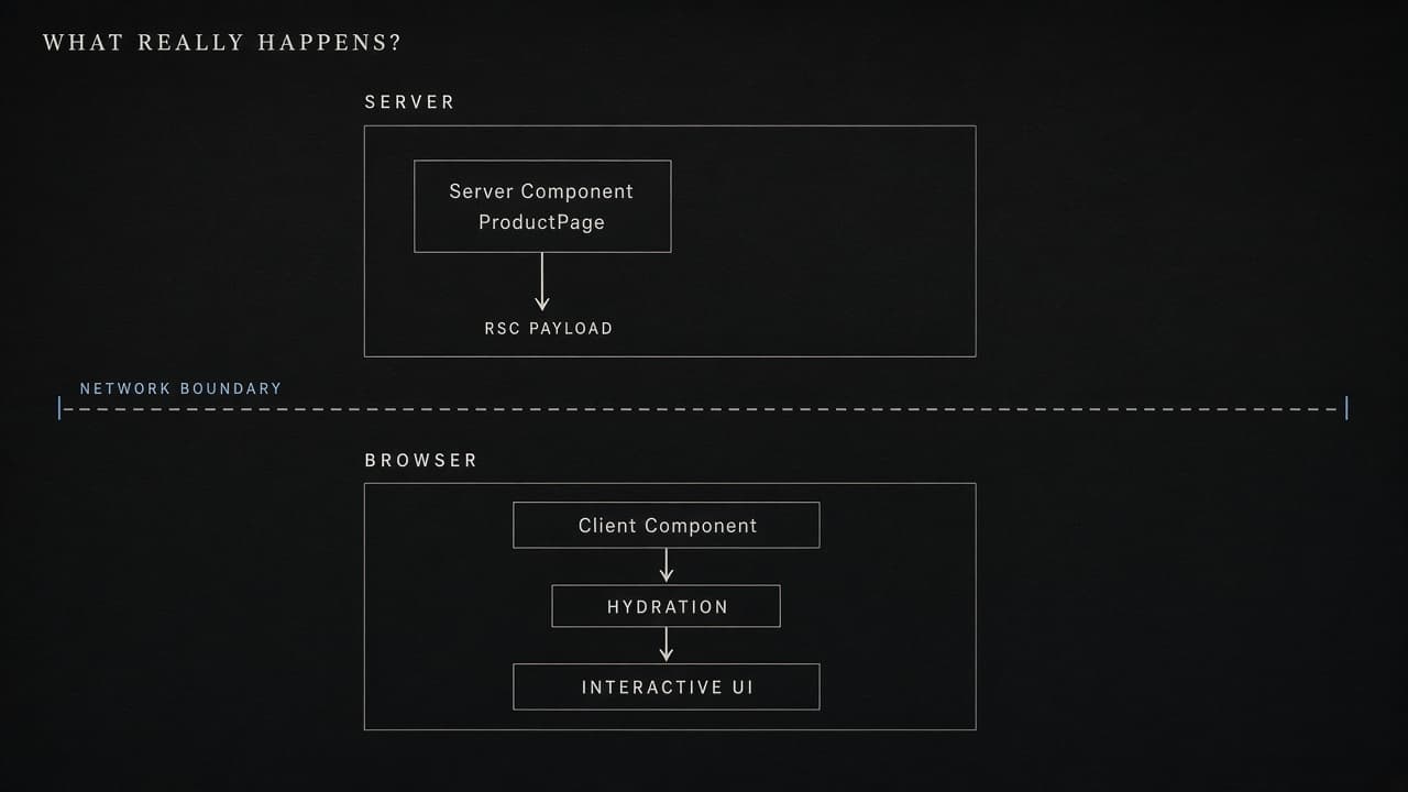 React Server Components architecture showing server components, RSC payload, client components and hydration