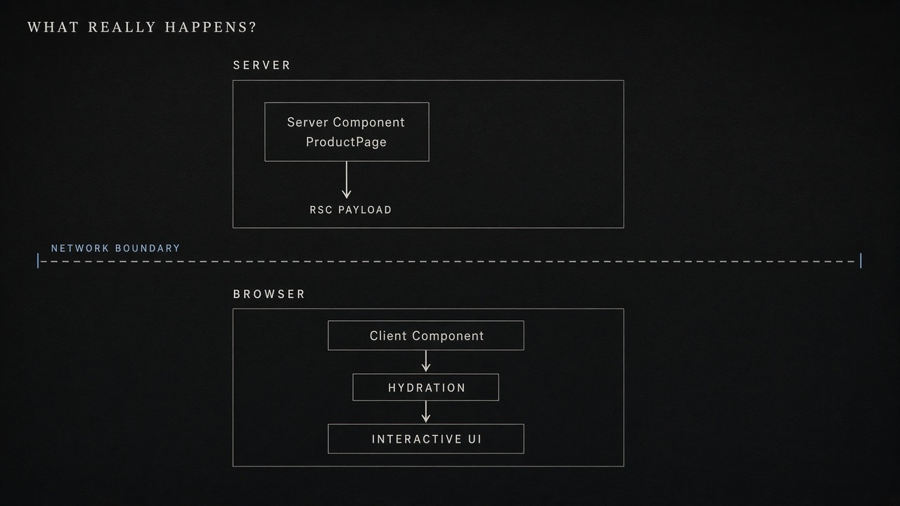 React Server Components architecture showing server components, RSC payload, client components and hydration
