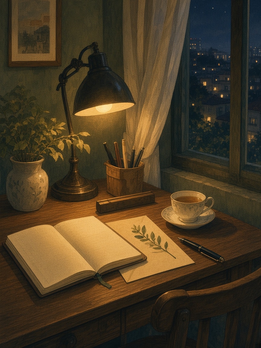 The same desk at night under a lamp: an open notebook, a letter, tea, and a city glowing outside the window.