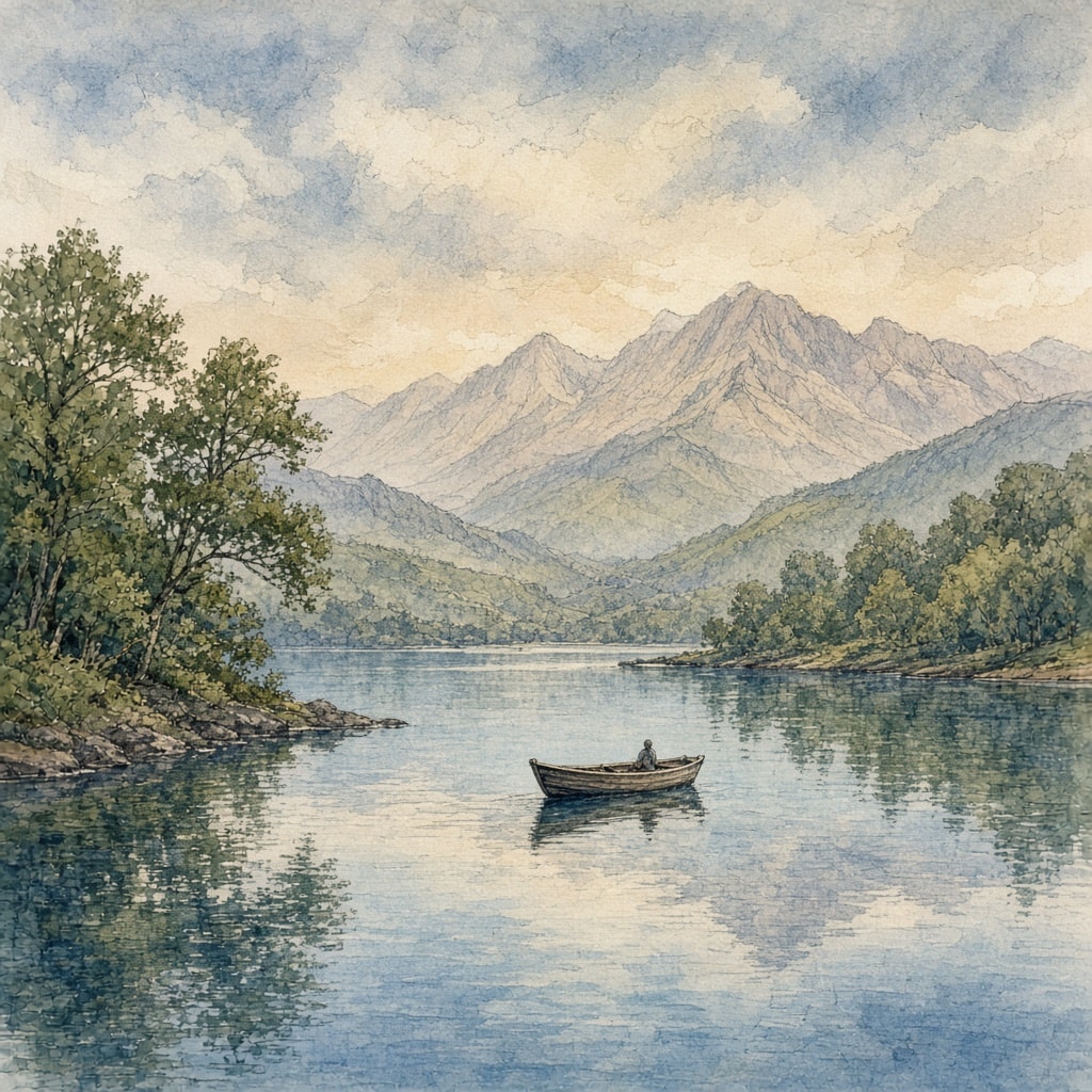 A watercolor of a still lake: a small boat, trees on the banks, and mountains beyond.