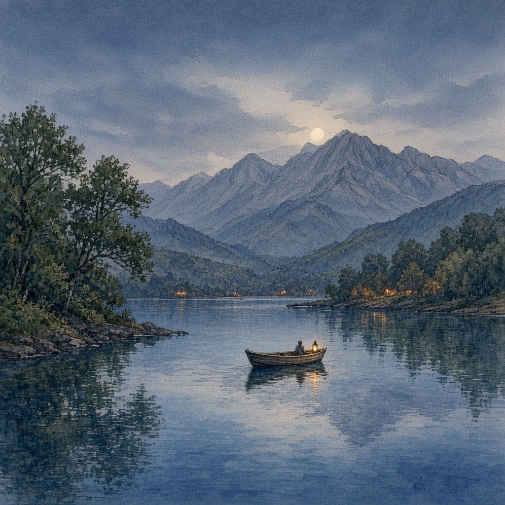 The same lake after dark: a lantern in the boat and a few lights on the far shore.