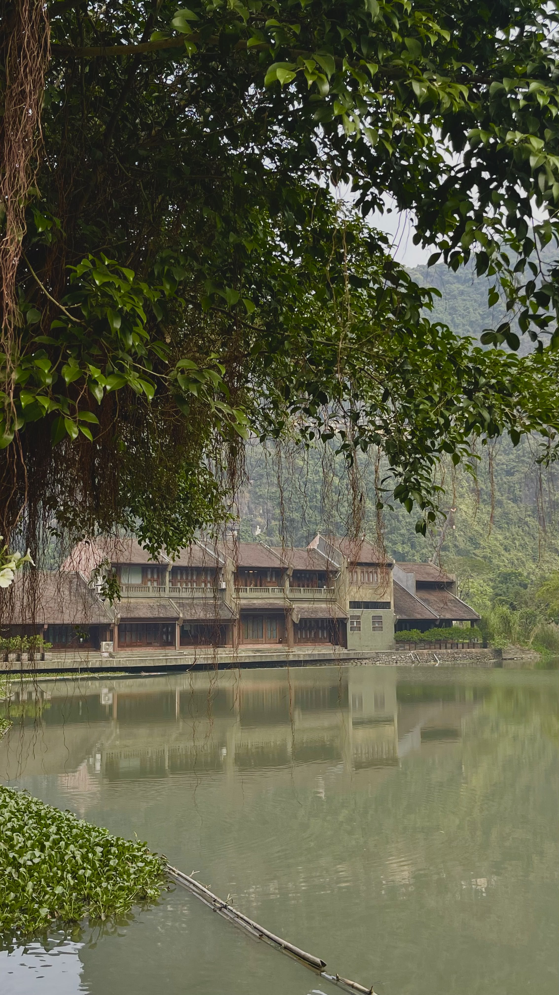 A temple beside a lake and limestone hills in Tràng An, Ninh Bình.