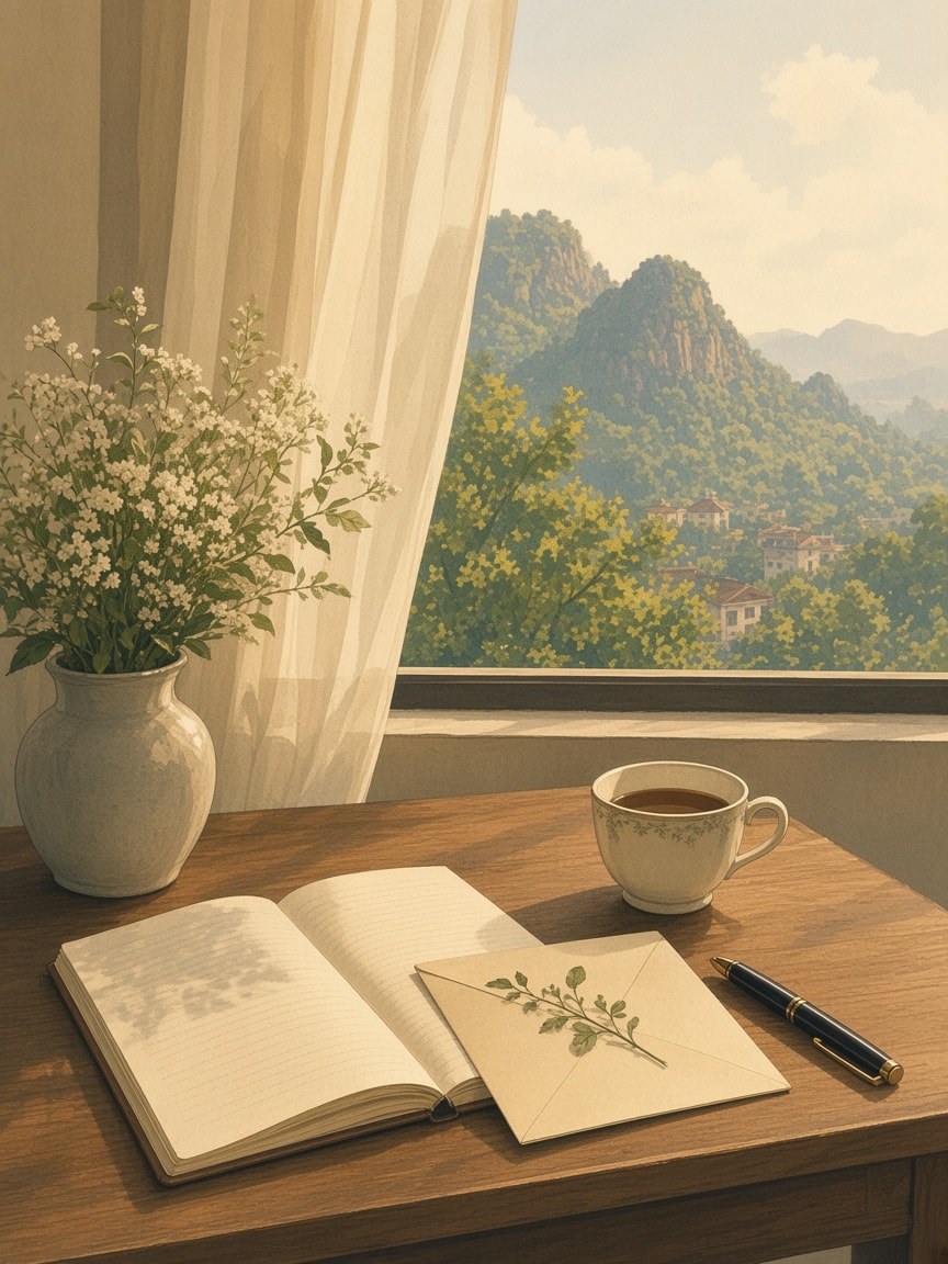 A painted afternoon at the desk: an open notebook, a letter with a sprig of leaves, a cup of tea, and limestone hills beyond a curtain.
